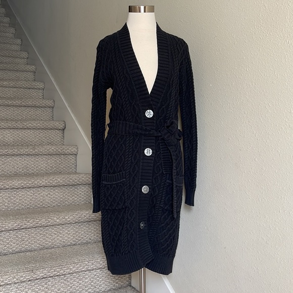 Banana Republic Sz M Belted Black Chunky Knit  Button Down Long Cardigan - Picture 3 of 16
